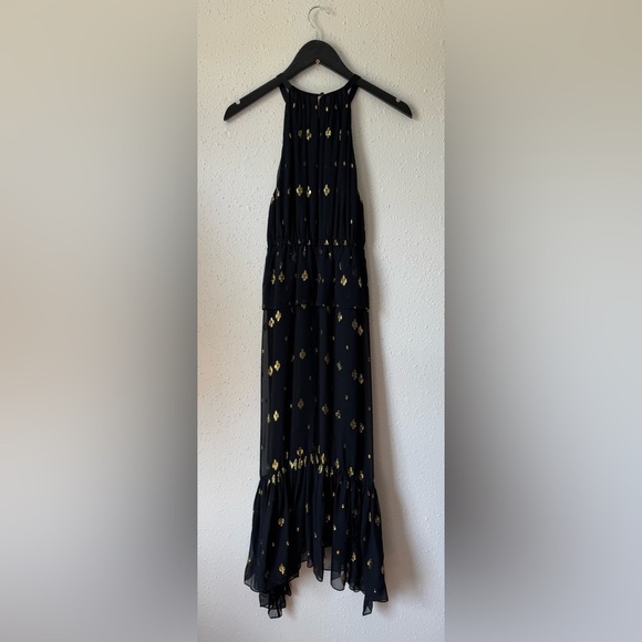 ALC Rosa Silk Black Gold‎ Metallic Halter Midi Length Dress 2 Asymmetric Ruffle - Picture 5 of 11